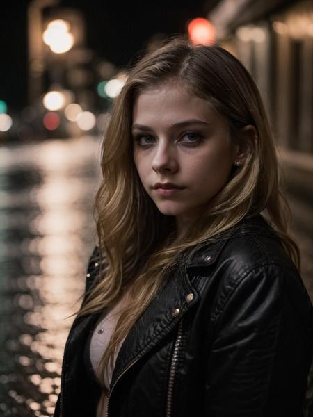 a portrait photo of beautiful woman, night street, rainy weather, night, 4k, bokeh <lora:avril.fp16:1>