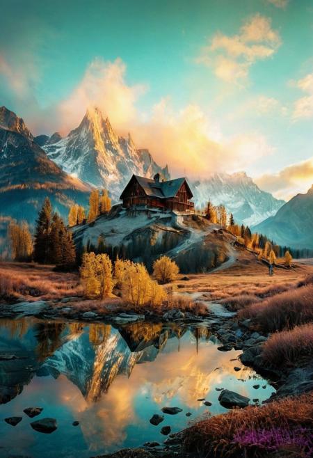 (by Ellen Jewett:1.5), ((gold Bioluminescent Impressionism: 1.8), The Dreamland), their peaks veiled in mist. mixed media, surrealism, great lighting, A surreal landscape highly detailed . extremely high-resolution details,  appears trapped in an optical illusion of reflections and refractions colorful , luxurious mountain cabin, ice and snow, professional photography, natural lighting, volumetric lighting maximalist. intricately detailed, complex, elegant, expansive, fantastical, film photography style,  medium grain,  <lora:MJ52:0.3>  <lora:SDXLFaeTastic2400:0.4>  <lora:EpicF4nta5yXL:0.7>.ethereal landscapes, depth of field, biotech emotion:1.3) <lora:xl_more_art-full_v1:0.5> <lora:add-detail-xl:1> <lora:RMSDXL_Creative:2>