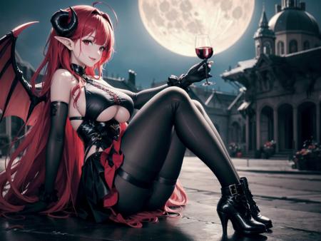 <lora:hindenburg_v2.0:0.8>,hindenburg_\(azur lane\), red_hair, demon horns, long hair,bare_shoulders,  underboob_cutout, skirt, pantyhose,black_gloves,demon wings,holding bones,castle,full body, boots,  solo, from side, full moon, smile, wine_glass,  holding_cup,outdoors,, masterpiece, best quality, high contrast,