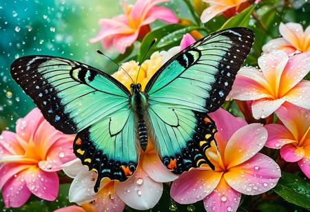 a close-up view of a collection of vibrant flowers, with an assortment of butterflies perched on and around the petals. The flowers are primarily plumeria, characterized by their five rounded petals. They come in shades of pink and pale yellow, with the petals covered in small droplets of water, suggesting a fresh, dewy morning or a recent rainfall.
The butterflies are various in type and color, adding a lively and dynamic element to the image. Several butterflies have striking patterns:
- Some butterflies are bright green with black and yellow markings on their wings.
- Others display shades of turquoise with black accents.
- A few butterflies are yellow with black spots and markings.
- Additionally, there are butterflies with orange and brown patterns, along with white spots on their wings.
The arrangement of the butterflies and flowers creates a sense of harmony and natural beauty, with the vivid colors of the butterflies contrasting nicely with the soft pastel hues of the flowers. The overall composition evokes a serene and enchanting garden scene.