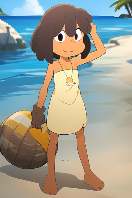 <lora:MouseDroners:0.8>mouserdroners, 1girl, short in stature, tanned skin, brown hair,  shoulder-length hair, sleeveless, strapless yellow-white dress, a yellow and white seashell necklace, sunshine, sea, beach