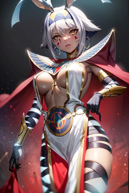 (masterpiece, best quality:1.2), nitocris alter, fgo, (stage 2, glowing legs, bandages:1.4), 1girl, egyptian, dark-skinned female, egyptian clothes, yellow eyes, bangs, short hair, white hair, jackel ears, facial markings, large breasts, hairband, sidelocks, jewelry, breast curtains, hoop earrings, red cape, dark background <lora:NITOALTER-15:0.7>