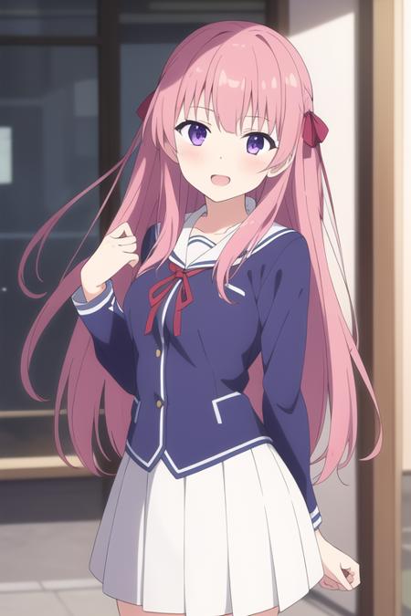 masterpiece, best quality,1girl,solo,anime screencap,fuyumi ai,pink hair,very long hair,purple eyes, hair ribbon,school uniform,neck ribbon,blue shirt,white skirt, white legwear, <lora:fuyumiai:0.5>,
