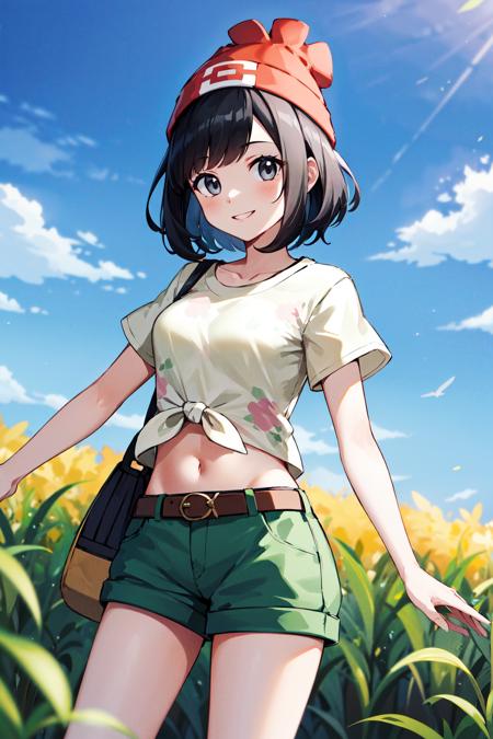 masterpiece, best quality, highres, selene1, 1girl, selene1, 1girl, selene \(pokemon\), solo, grey eyes, black hair, green shorts, red headwear, beanie, shirt, tied shirt, floral print, short hair, short sleeves, short shorts, striped, yellow shirt, belt, midriff, <lora:selene_(pokemon)_v1:0.6>, cowboy shot, grass, field, smile, standing,