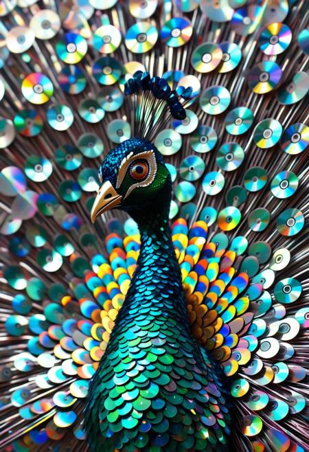 <lora:CDs_SDXL:1> , a peacock made of cd's, close up, shiny, reflective, holographic, magical background made of cd's, (masterpiece, intricate:1), (best quality, hires textures, high detail:1), (4k),(incredibly detailed:1),UHD, 8K, ultra detailed