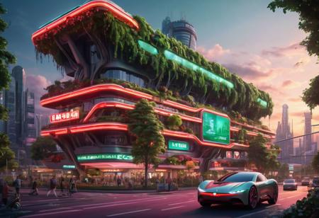 a futuristic city, building with luminous neon sign, huge screen with advertissement, very populate, road in sky , flying car, photorealistic, green and red tint, ecologic city with tree and flower, glowing lights, very detailled, very realistic, vegetation on roof and facade