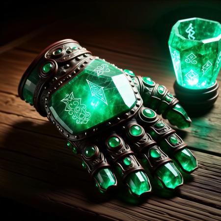emeraldmorph armor glove on old wooden table, green glowing runes, magical artifact, cinematic lighting