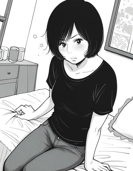 takakoyoshida, <lora:takako-yoshida-manga-ponyxl-lora-nochekaiser:1>, takako yoshida, short hair, monochrome, greyscale,