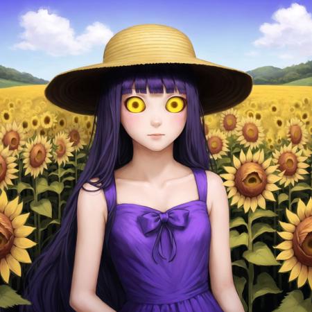 <lora:gravemudart:1>, gravemudart,  simple background, horror \(theme\), demon like head, 

1girl, bare arms, blue ribbon, bouquet, bow, collarbone, dress, flower, grey dress, hat, hat bow, holding, holding bouquet, long dress, long hair, looking at viewer, purple bow, purple hair, ribbon, sleeveless, sleeveless dress, solo, standing, straight hair, straw hat, sun hat, sundress, sunflower, very long hair, yellow eyes, yellow flower, yellow headwear