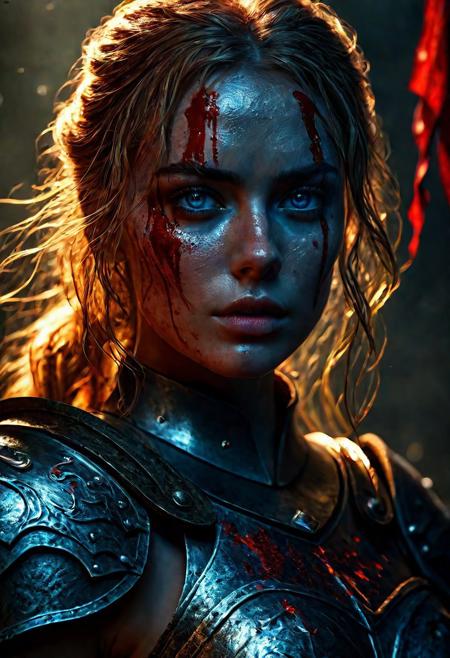 Ultra detailed digital art masterpiece Warrior girl dressed in a iron Armor and red mini skirt, Standing on a battlefield at the head of an army of knights, where a bloody slaughter is taking place, standing in battle pose, a dark epic fantasy, perfect lighting, beautiful Sadie Sink as Warrior girl, attractive woman, elegant, beautiful woman of athletic body,  epic shot of the whole Warrior girl, unreal engine 5 nanite quality, dark fantasy, dark environment, very stormy day, LOTR style, dark washed out eyeliner, no make up, natural bloody pale face, realistic blue eyes, ultra detailed atmospheric details, beautiful glowing effects, sparkle effects, realistic body proportions, beautiful face proportions, complex masterpiece, wavy blonde hair, creative glowing detailed tattoos, complex physics, enhanced colors, complimentary colors, ultra detailed raytracing reflections, Ultra detailed complex background, environment feels alive, direct eye contact, dramatic lighting, wet and sweaty skin, beautiful firm Breasts, Daylight, Concept art by Greg Rutkowski, adding to the intense and dynamic atmosphere of the scene.