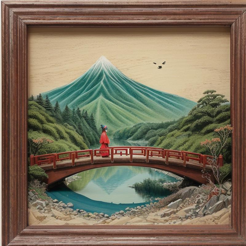 A Painting of a Chinese Woman Standing on a Bridge with Mountains in the Background
