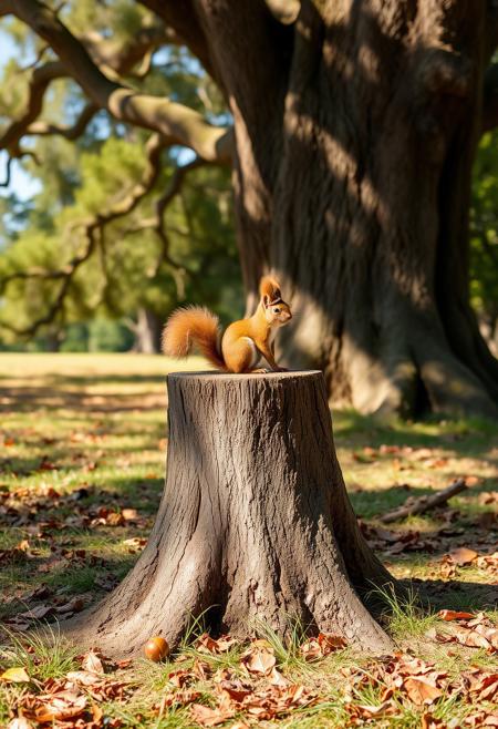 A sturdy old tree stump rests in the middle of a peaceful forest clearing, surrounded by soft grass and fallen leaves. A towering oak tree stands nearby, its branches swaying gently in the breeze. Perched atop the stump is a cute brown squirrel, its fluffy tail curled behind it. The squirrel wears a tiny, slightly tilted hat, giving it a charming, mischievous look. Warm sunlight filters through the leaves, casting dappled shadows across the scene, while a few acorns lie scattered around, hinting at the squirrel’s recent snack