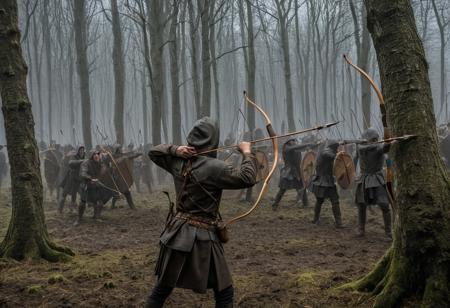 (glowing_arrows:1.5), (elven_runes:1.4),(english_longbow:1.7), (yew_wood:1.6) with (leather_grip:1.5), (hemp_string:1.4), (quiver:1.3) full of (feathered_arrows:1.5), (archer:1.4) in (chainmail_coif:1.3) drawing the bow, (battle_of_agincourt:1.5) background with mud and rain, dynamic_action_pose, ultra_detailed_textures, PBR_materials, cinematic_lighting, 8k, historical_accuracy, by Karl Kopinski