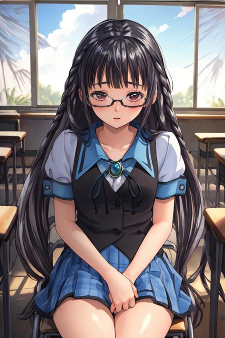 masterpiece, best quality, solo, 1girl, sitting, (close-up:1.2), (classroom:1.5),<lora:Sakajo_Hikaru_v2-000190:0.9>, glasses, black hair, school uniform, serafuku, plaid skirt, twin braids, red eyes, blue sailor collar, white lace panties, green brooch, (thicc thighs:1.1), (black vest:1.2) (very long hair, straight hair:1.5), (pov:1.35), shy, embarrassed,