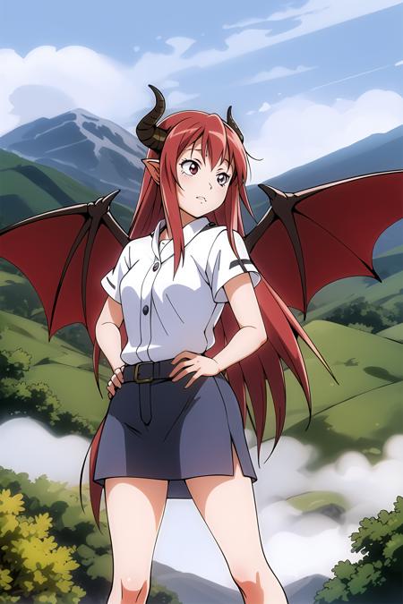 masterpiece, best quality, highly detailed, 1girl, alice carroll, long red hair, dragon princess, dragon scale, standing, cute, dragon horns, dragon wings, hand on hip, mountains, badlands, outside, dark clouds, smoke, fog