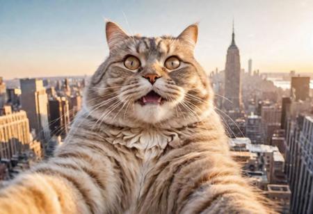 (dogs and a big fat fluffy cat, smiling taking a selfie) with a (super wide angle lenses:0.67). happy vibes, New York city center backdrop. warm lighting. Masterpiece, 8k uhd, iconic, cinematic