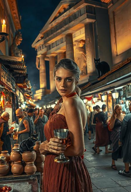 Setting is ancient Greek street market at night in Athens, ((all writing is in Greek )), ((all lighting is by candles, and flame torches,  the market is comprised of street vendors selling food, weapons, and clothing. People wearing Ancient Greek clothing are walking through the street market shopping and eating, A sleek black cat with red collar sits on a nearby wooden roof at a market kiosk. Behind the a kiosk counter are clay containers of Greek beer, (((a beautiful woman, 24 years old, is standing in the foreground facing the viewer with a metal goblet of beer in her hand. Her eyes are beautiful and focused on the viewer, she has an expression of interested curiosity))), the woman is dressed in Ancient Greek style clothing combining a sexy and classic Ancient Greek aesthetic. Enormous Ancient Greek statues and temples are visible in the background and around the scene and smaller statues and Ancient Greek architecture is prevalent in the market, The woman's hair is elegantly tied up with a ribbon. Artistic Ancient Greek aesthetic, dynamic perspective, (((overall architectural aesthetic is Ancient Greek ))).  Epic image that elicits a feeling of wonder and awe,