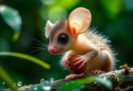 furry little translucent mammal in a rain forest zoomed in, rainbow of light reflection off dew, green and vivid colors, wild fog, large eyes, transparent body, invisible like a jelly fish, huge ears, cute, adorable, eating a nut, fungal hair, see through