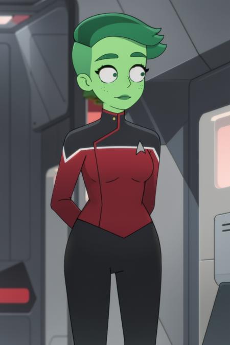 cartoon,crt2 green alien in a red sttldunf, uniform,room<lora:STTLDV1:0.8>