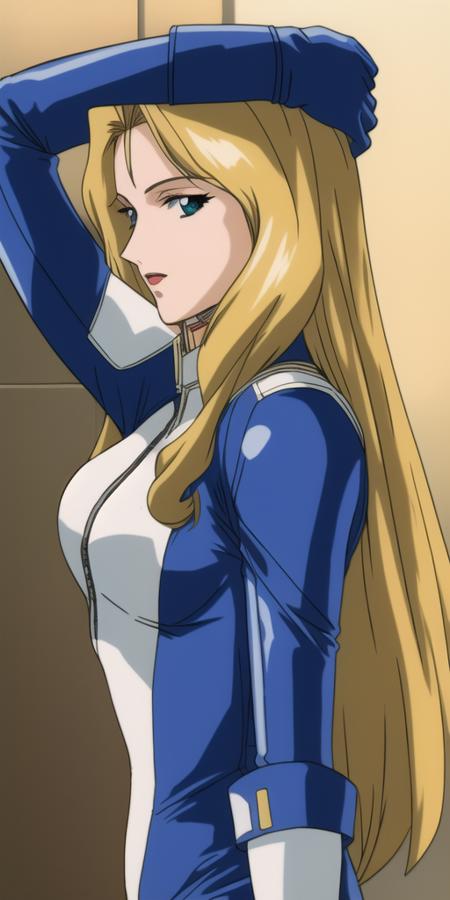 masterpiece, best_quality, highres, <lora:Macross7Rex:0.45>, Macross7Rex, solo, blonde_hair, blue_bikesuit