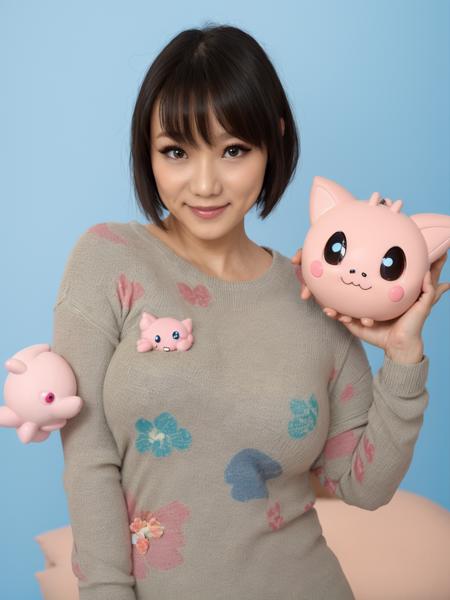 masterpiece, 8k, high quality, skin details, absurdres, (shibuyakaho) <lora:ShibuyaKahoV1:1>, large breasts, plump, short hair, mole under eye, smile, jigglypuff, pokemon (creature), blue background, sweater