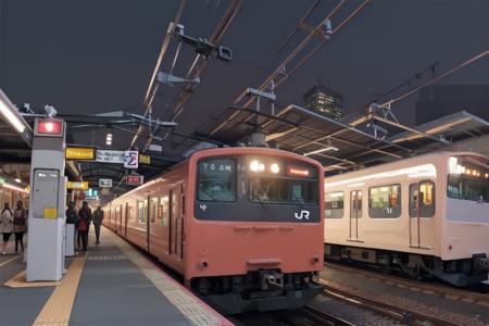 JRE201, train, night, train station, scenery, outdoors, building, railroad tracks, headlight