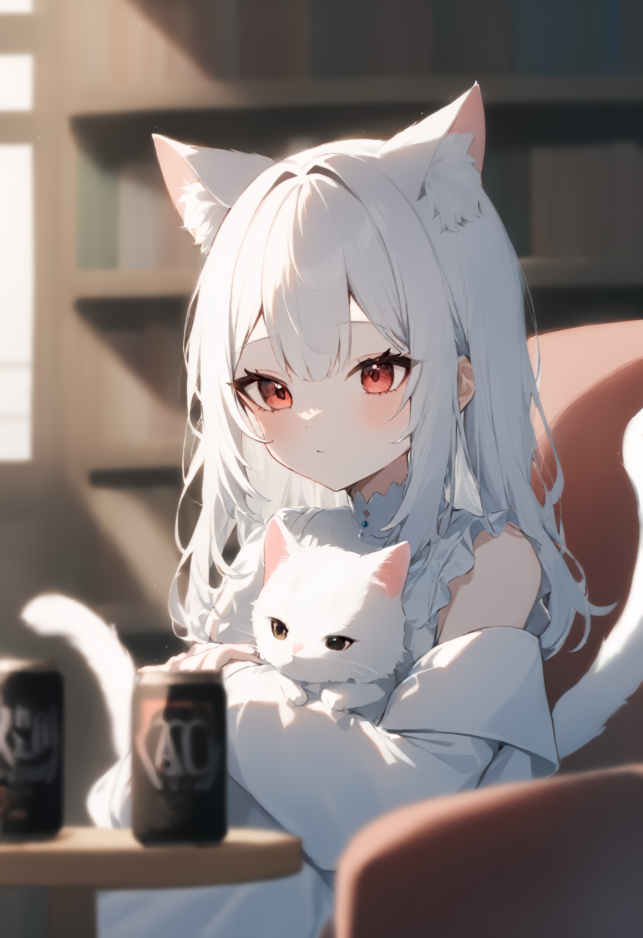 1girl, solo,
a young girl with white hair and wearing a white dress sits on a couch, embracing a white cat, She has cat ea...