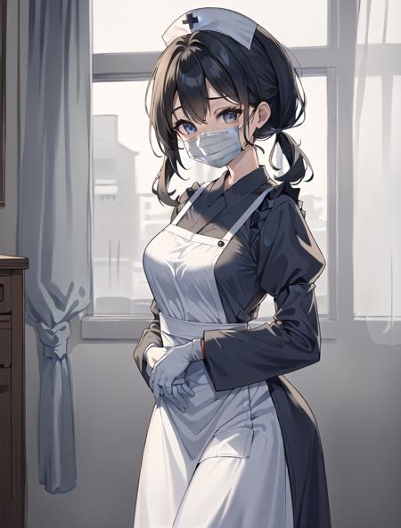 ((masterpiece, best quality, high quality)),1girl, (lower body, hospital), <lora:Long Nurse Apron 2:0.7> (nurse_long_apron, apron, mask, nurse cap, surgical mask, nurse, long sleeves, latex gloves,long dress), <lora:Kaede Sakata:0.7> (1girl, 3dcg 07, black hair, blue eyes, curtained hair, kaede sakata, low twintails, medium breasts, parted bangs, ponytail, short hair, solo, twintails),