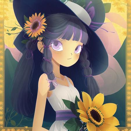 <lora:teoskaffa_2:1>, 

1girl, bare arms, blue ribbon, bouquet, bow, collarbone, dress, flower, grey dress, hat, hat bow, holding, holding bouquet, long dress, long hair, looking at viewer, purple bow, purple hair, ribbon, sleeveless, sleeveless dress, solo, standing, straight hair, straw hat, sun hat, sundress, sunflower, very long hair, yellow eyes, yellow flower, yellow headwear