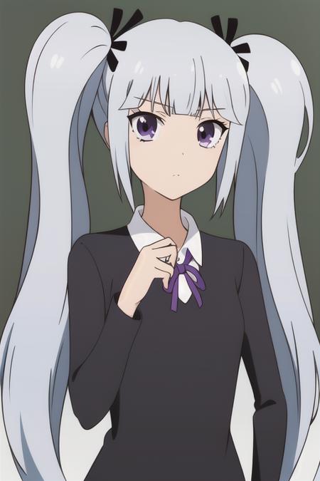 (masterpiece:1.1),(best quality:1.1),Sakai_Tama,1girl,solo,long hair,purple eyes,ribbon ,grey hair,twintails,school background with blackboard,blackboard reading "Sakai Tama",anime style,in the style of berserk,studio ghibli<lora:Sakai_Tama-06:0.7>