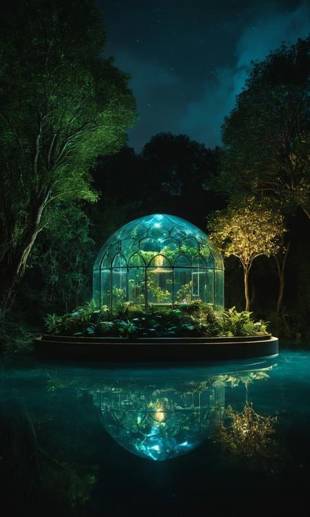 cinematic still By Night, Inspired By tolkien, modern transparent hobbit house floating island, amazing quality, masterpiece, best quality, hyper detailed, ultra detailed, UHD, dof, hyper-realism, majestic, awesome, inspiring, a small floating Island: an immense floating island adorned with transparent translucent Glass foliage, its vines cascading down to the ground below. Rising majestically from the luminous amber lush glass jungle that envelops an enchanted translucent green round design plastic mansion Adorned with a large Observation Installation glowing luminous blue from within. A translucent Fantasy prison designed By franco fontana, transcending into the black ethereal clouds. Infront of a translucent black eerie Galaxy nebula, cinematic composition, soft shadows, national geographic style, cozy light, cinematic lighting, volumetric lighting, Film grain, cinematic film still, shallow depth of field, highly detailed . emotional, harmonious, vignette, 4k epic detailed, shot on kodak, 35mm photo, sharp focus, high budget, cinemascope, moody, epic, gorgeous, film grain, grainy, By Night, Inspired By tolkien, modern transparent hobbit house floating island, amazing quality, masterpiece, best quality, hyper detailed, ultra detailed, UHD, dof, hyper-realism, majestic, awesome, inspiring, a small floating Island: an immense floating island adorned with transparent translucent Glass foliage, its vines cascading down to the ground below. Rising majestically from the luminous amber lush glass jungle that envelops an enchanted translucent green round design plastic mansion Adorned with a large Observation Installation glowing luminous blue from within. A translucent Fantasy prison designed By franco fontana, transcending into the black ethereal clouds. Infront of a translucent black eerie Galaxy nebula, cinematic composition, soft shadows, national geographic style, cozy light, cinematic lighting, volumetric lighting, Film grain, cinematic film still, shallow depth of field, highly detailed, rich deep colors, intricate, very inspirational, beautiful, elegant, slick, creative, attractive, futuristic, epic, fascinating, magical, stunning, illuminated, extremely, outstanding, gorgeous, breathtaking romantic, bright, surreal, incredible
