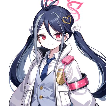 fubuki, twintails, streaked hair, red eyes, halo, 1girl, antenna hair, heart hair ornament
police uniform, white jacket, collared shirt, blue vest, blue necktie
walkie-talkie, doughnut
smile, smug, jitome
upper body, (simple background, white background:1.4), <lora:chara-fubuki-v1b-32:1>,