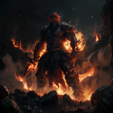 highly detailed cinematic photo of a fire giant, 1boy, chainmail, male focus, magic, 
flaming eye, full armor, glowing eyes, molten rock, muscular,  orange hair, red hair, open mouth, holding weapon, 

(full body:1.2),

realistic, depth of field, blurry background,

mountain on fire,

photorealistic,
analogue photography,
low key lighting,
