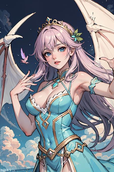 (masterpiece:1.2, best quality), (1lady, solo, upper body:1.2), fantastical sky kingdom, with castles and spires perched on clouds that seem to float in mid-air. The colors are ethereal and soft, with pastel blues and pinks blending into gentle purples and greens. In the foreground, a winged fairy with delicate features and a gauzy dress dances among the clouds, while a group of friendly dragons circle overhead. The scene captures the wonder and beauty of a sky-high world of magic and fantasy.