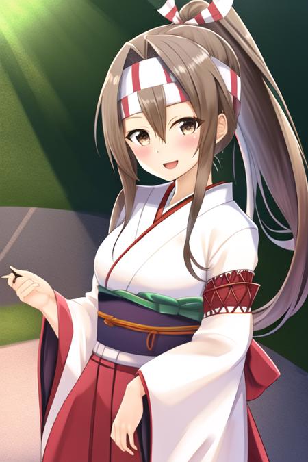 masterpiece, best quality, highres, solo, {zuihou_kantaicollection:1.10}, long_hair, brown_eyes, ponytail, brown_hair, headband, hachimaki, high_ponytail, smile, blush, open_mouth, 1girl, japanese_clothes, looking_at_viewer, muneate, upper_body, white_background