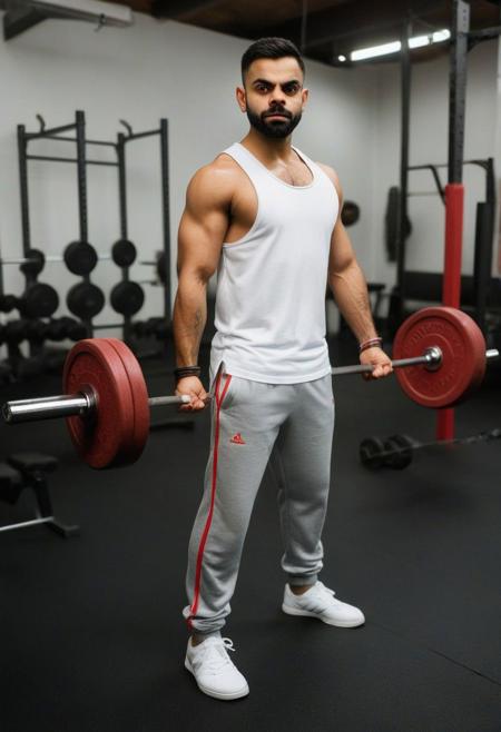 homoerotic photo of Virat Kohli, warehouse gym weight room, high ceiling, sexy trainer, white tank top, gray sweatpants, sneakers, weightlifting holding barbell, (((full body portrait))), wide angle, ((masterpiece)), natural skin, natural body muscle definitions, adobe lightroom, photolab, intricate, highly detailed, sharp focus, insane details, intricate details, hyperdetailed, low contrast, soft cinematic light, exposure blend, dim colors, dim light,  Award - winning, with Kodak Portra 800, a Hasselblad 500 ,55mm f/ 1.9 lens, extreme depth of field, available light, high contrast, Ultra HD, HDR, DTM, 8K,