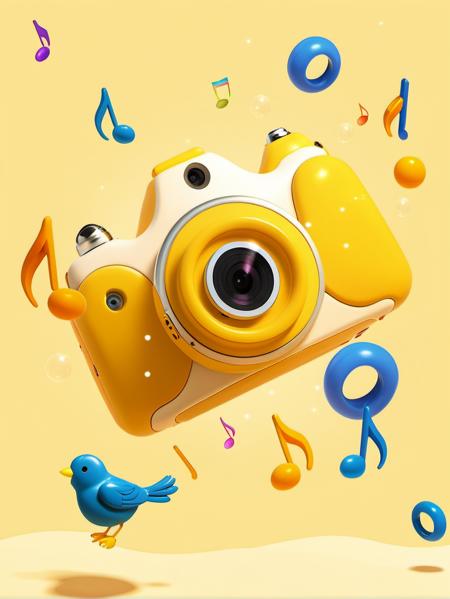 musical note, bird, no humans, beamed eighth notes, eighth note, quarter note, animal, AI_Flat design, a camera with a yellow background and some bubbles in the air and a yellow background with a yellow background