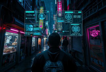 POV view of a person walking through a neon-lit alley in a dense cyberpunk city at night.
Augmented reality interface overlays the entire scene, projected from smart glasses:
– Holographic UI panels floating mid-air (navigation arrows, encrypted messages, facial ID scans).
– Street vendor marked with live crypto prices and toxicity level of food.
– NPCs auto-tagged with names, threat level, faction tags.
– Flickering ads being blocked by real-time ad-shield.
– Environmental data like air quality, humidity, and biofeedback vitals displayed on side HUD.
The alley is dripping with rain, neon reflections pulse in puddles, and distant gunfire echoes.
Highly detailed, cinematic cyberpunk AR vision, deep depth of field, futuristic interface, gritty urban realism, 8K, immersive atmosphere.