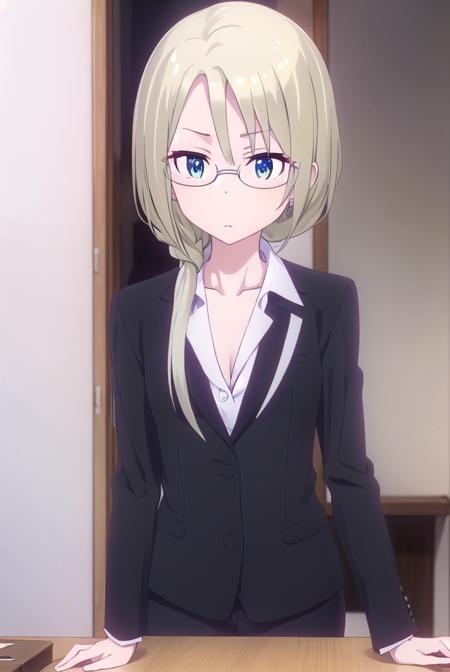 christinawakoyamato, <lora:christina wako yamato s2-lora-nochekaiser:1>, 
christina wako yamato, long hair, blue eyes, blonde hair, (green eyes:1.3), glasses, hair over shoulder, semi-rimless eyewear, low ponytail, under-rim eyewear,
BREAK shirt, collarbone, jacket, white shirt, pants, black jacket, black pants, formal, suit, office lady, pant suit,
BREAK indoors, office,
BREAK looking at viewer, (cowboy shot:1.5),
BREAK <lyco:GoodHands-beta2:1>, (masterpiece:1.2), best quality, high resolution, unity 8k wallpaper, (illustration:0.8), (beautiful detailed eyes:1.6), extremely detailed face, perfect lighting, extremely detailed CG, (perfect hands, perfect anatomy),