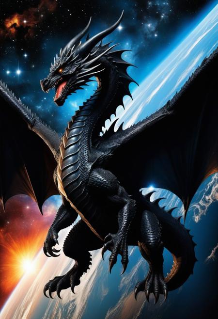 A gargantuan black dragon whose body is made up of the blackest onyx in the universe flying through space and zooming though galaxies