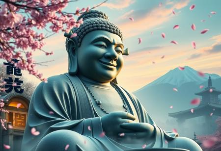 A serene and magical scene featuring a gigantic stone statue of Buddha, but with Shrek's face. The statue is in a meditative pose with cap on his head with logo SAP text and Serbian red blue white flag in one hand. The statue should resemble the Kamakura Buddha, smiling peacefully. Surrounding the statue are glowing Kanji characters, adding a mystical touch. Cherry blossom petals are blowing in the wind, filling the air.The skyline is beautiful, with high detail and an overall serene, masterpiece quality.