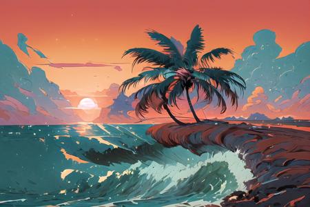 (best quality, masterpiece), sunset on the beach with palm trees and waves, low detailed, digital painting, Pixiv, 8K, cliffside, James Edmiston, rich bright sunny colors, redpink sunset, far view, Hawaii, long view, detailed image, vector artwork, the colors of the sunset, on the ocean, <lora:MadeJourney_v1:1.0>