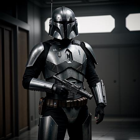 cinematic film still of  <lora:Mandalorian Style SD1.5:1.2>
in star wars universe a man in a metallic rusty grey boba suit holding a gun Mandalorian style, shallow depth of field, vignette, highly detailed, high budget, bokeh, cinemascope, moody, epic, gorgeous, film grain, grainy