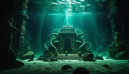 cinematic film still underwater ancient temple, dark atmosphere, eldritch horror, toxic green ambient lights, deep sea monster in the shadows, light particles floating in water, rocks underwater around the temple, highres, best quality . shallow depth of field, vignette, highly detailed, high budget, bokeh, cinemascope, moody, epic, gorgeous, film grain, grainy
