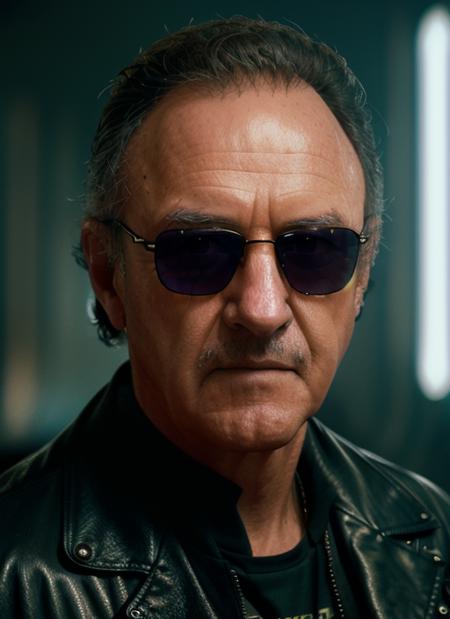 gh1,  a man,  in cyberpunk leather jacket and sunglasses, in a dark computer room, natural light, (masterpiece:1.2) (photorealistic:1.2) (best quality) (detailed skin:1.2) (intricate details) (8k) (HDR) (cinematic lighting) (sharp focus), (looking at the camera:1.1), ((closeup portrait:1.2)), 
 <lora:GeneHackman:1>