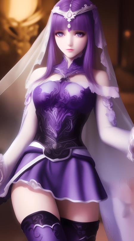 masterpiece, (best quality:1.4), (ultra highres:1.2),4K quality, (delicate illustration:1.4),(8k, RAW photo:1.2),1girl,veil,purple eyes, purple hair,  armor, dress,thighhighs, thigh boots, wide sleeves,<lora:shaosiming_13200:0.75>,cowboy shot,