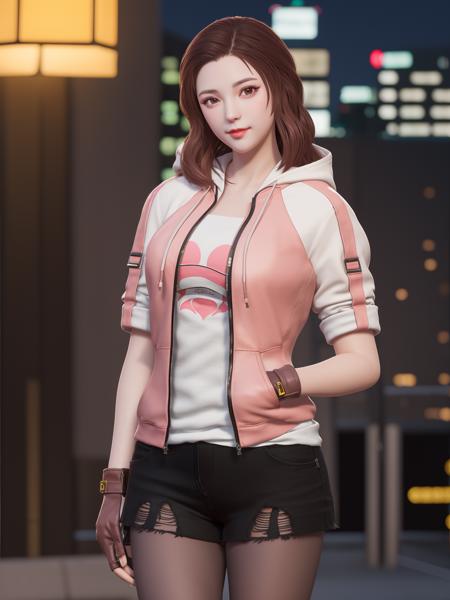 CFkongQF, 1girl, solo,pantyhose, brown hair, looking at viewer, hood, drawstring,torn clothes, brown eyes,  black shorts,long hair, hood down, lips, jacket, gloves, smile, breasts, open clothes, zipper,hand on hip, mature female, cityscape, night,  <lora:CFkongQF:0.75>,