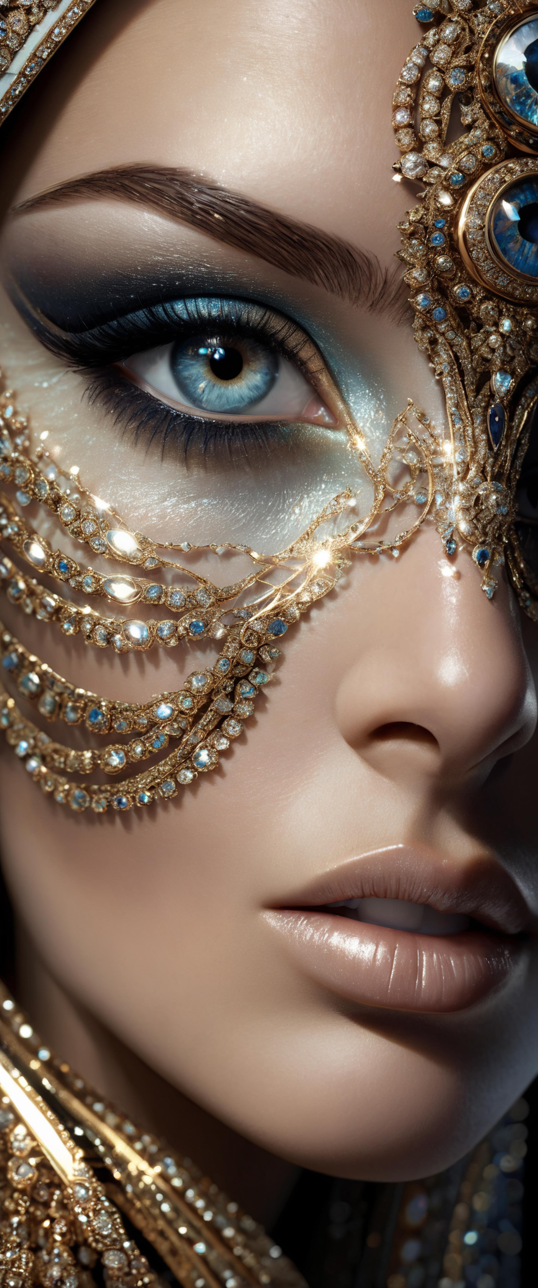 A close-up of a woman's face wearing a gold and blue mask with blue eyeshadow.