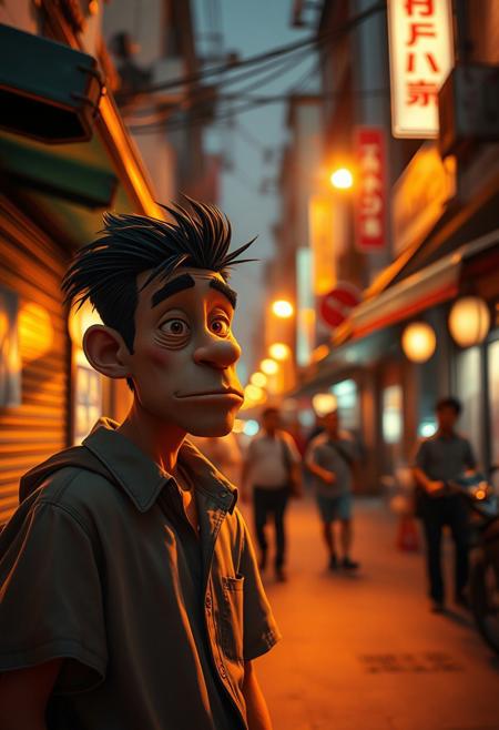 A candid street photograph, warm golden bioluminescent glow, expressive stylized character design blending raw documentary realism, vibrant smooth textures contrasted with gritty high-contrast photography, exaggerated animated proportions in a naturalistic composition, moody atmospheric lighting, cinematic depth, natural light effects, radiant and luxurious urban scenes.
