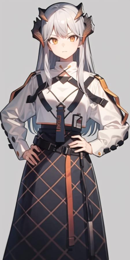 default outfit, 1girl, arm at side, black skirt, closed mouth, cowboy shot, dragon horns, grey hair, hand on own hip, high-waist skirt, horns, long hair, long sleeves, orange eyes, puffy long sleeves, puffy sleeves, simple background, solo, white background, looking at viewer, shirt, white shirt, bangs, hand on hip, grey background,<lora:saria_locon_v1b:0.7>